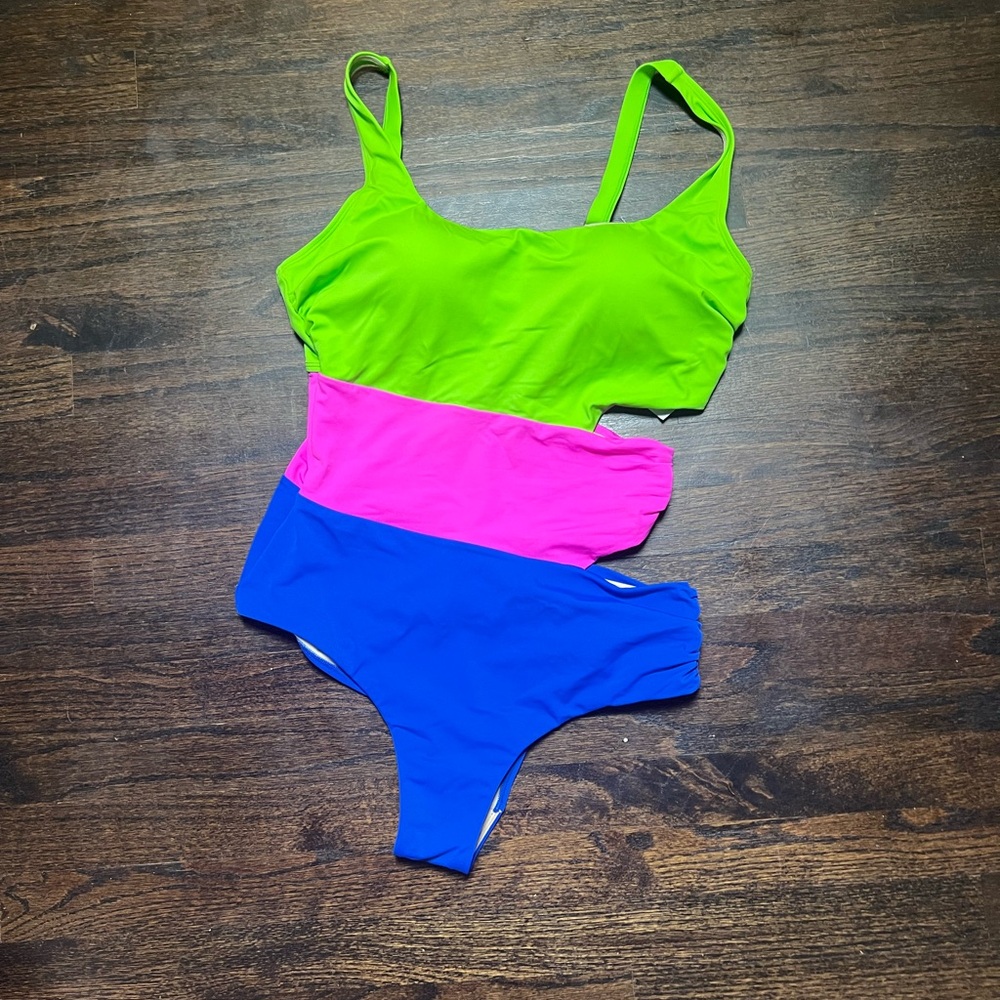 Swimsuits for All , size 12 lime hot pink and bright blue color block swimsuit - Picture 2 of 13